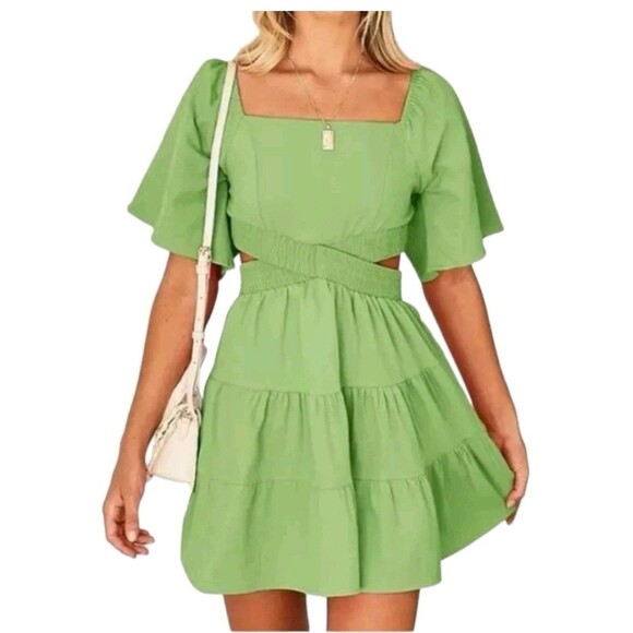 Shy Velvet Summer Dress Square Neck Short Bell Sleeves Cut Out Waist DK … - Picture 1 of 8